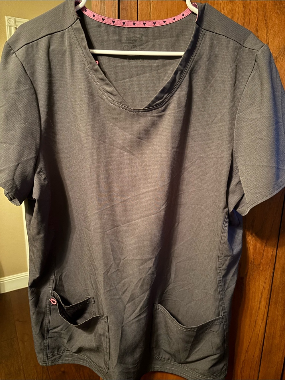 Heart Soul Gray Short-Sleeve V-Neck Scrub Top with Pink Trim